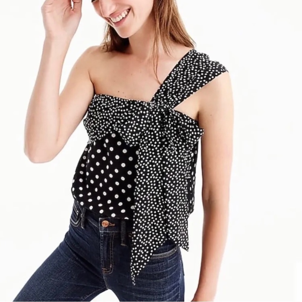 J.Crew | Silk Black & White Mixed Dot Print One Shoulder Bow Detail Top *NWT*